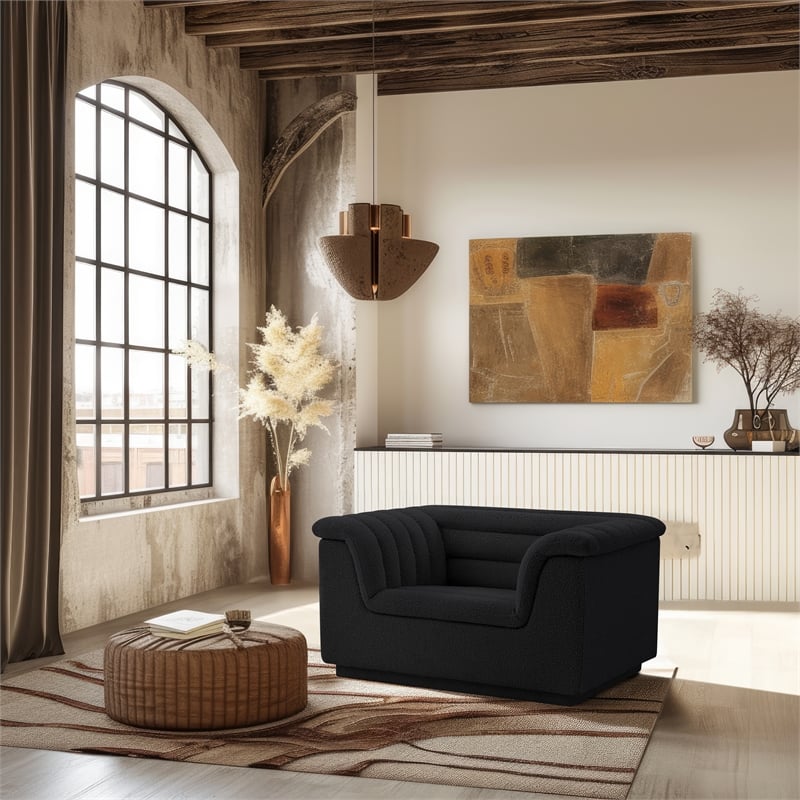 Bowery Hill Contemporary Deep Channel Tufted Rich Black Boucle Fabric Chair