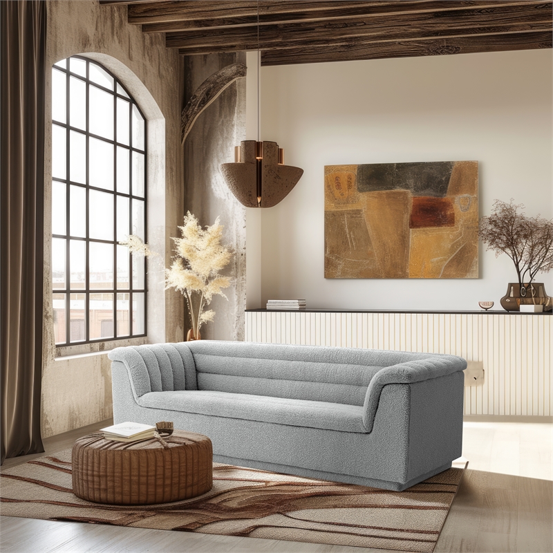 Bowery Hill Contemporary Deep Channel Tufted Rich Grey Boucle Fabric Sofa