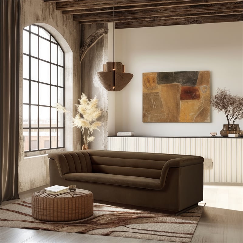 Bowery Hill Contemporary Deep Channel Tufted Soft Brown Velvet Fabric Sofa