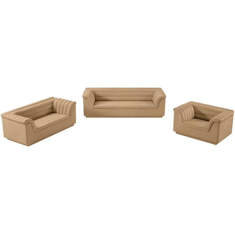 Bowery Hill Contemporary Deep Channel Tufted Soft Camel Velvet Fabric Sofa
