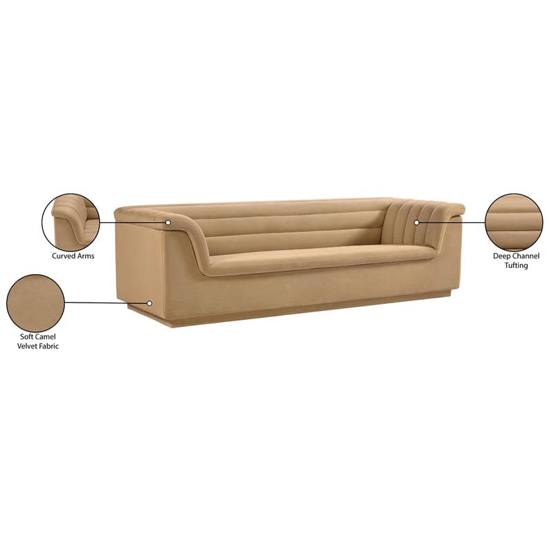 Bowery Hill Contemporary Deep Channel Tufted Soft Camel Velvet Fabric Sofa