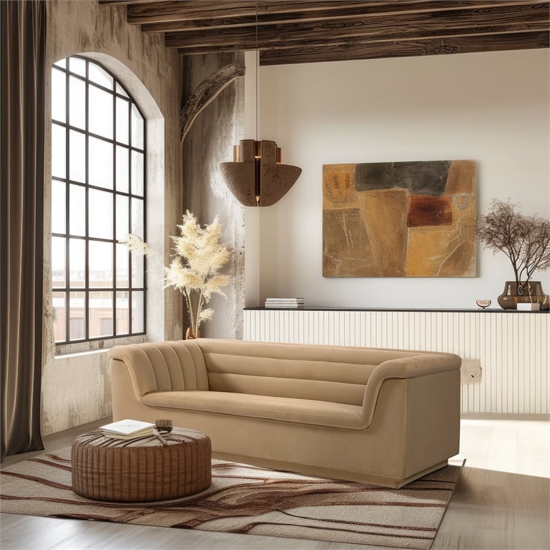 Bowery Hill Contemporary Deep Channel Tufted Soft Camel Velvet Fabric Sofa