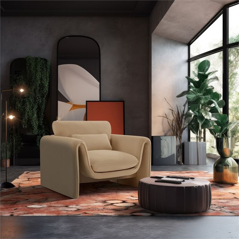 Bowery Hill Contemporary Soft Camel Velvet Fabric Chair with Curved Arms