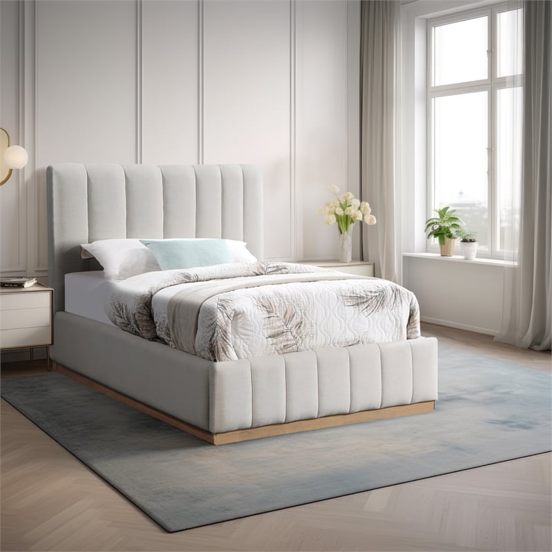 Bowery Hill Contemporary Cream Linen Textured Fabric Twin Bed