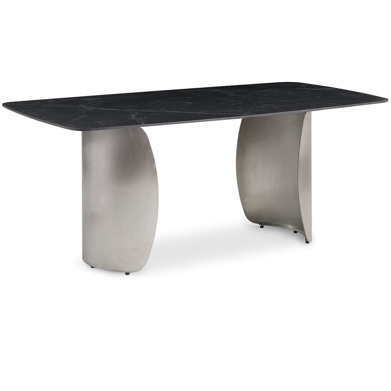 Bowery Hill Contemporary Brushed Chrome Silver Curved Bases Black Dining Table