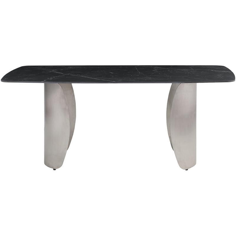 Bowery Hill Contemporary Brushed Chrome Silver Curved Bases Black Dining Table