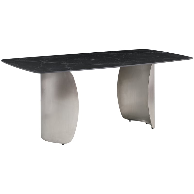 Bowery Hill Contemporary Brushed Chrome Silver Curved Bases Black Dining Table