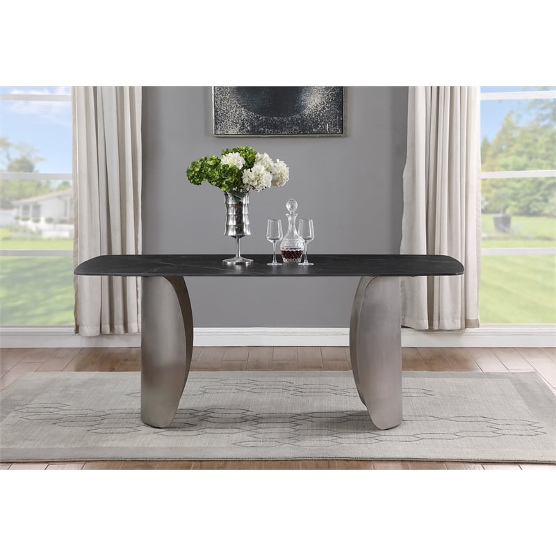 Bowery Hill Contemporary Brushed Chrome Silver Curved Bases Black Dining Table