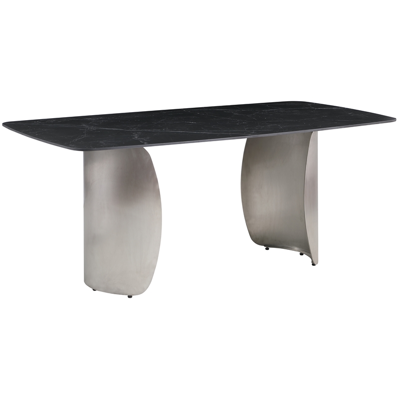 Bowery Hill Contemporary Brushed Chrome Silver Curved Bases Black Dining Table