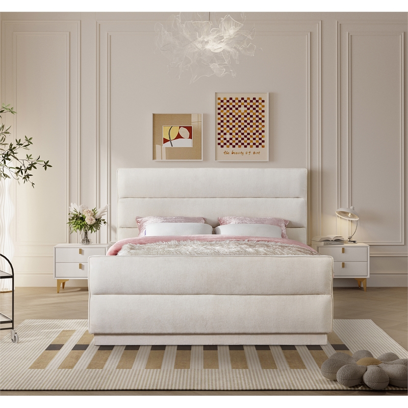 Bowery Hill Contemporary Channel Tufted Cream Chenille Fabric Full Bed