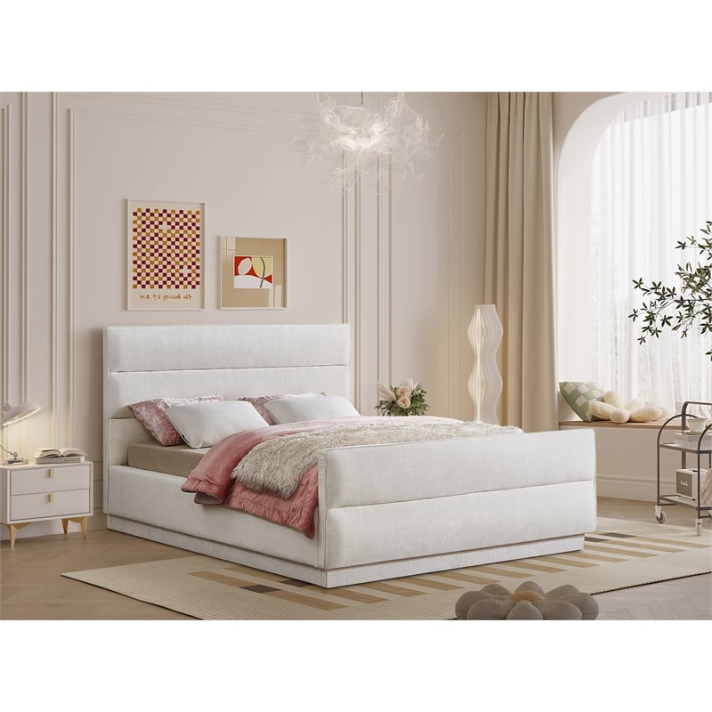 Bowery Hill Contemporary Channel Tufted Cream Chenille Fabric Queen Bed