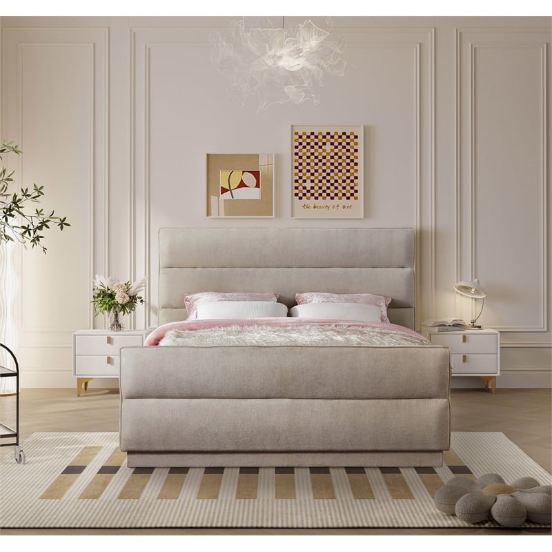 Bowery Hill Contemporary Channel Tufted Beige Chenille Fabric Full Bed