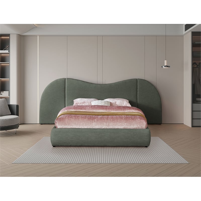 Bowery Hill Contemporary Olive Green Linen Textured Fabric Queen Bed