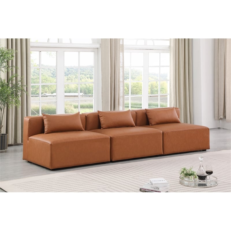 Bowery Hill Contemporary Cognac Vegan Leather 3-Piece Modular Sofa
