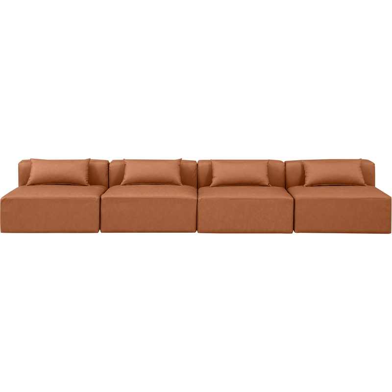 Bowery Hill Contemporary Cognac Vegan Leather 4-Piece Modular Sofa