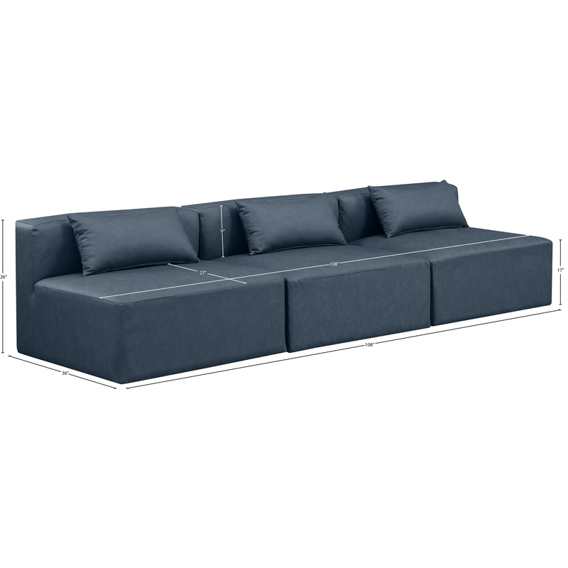 Bowery Hill Contemporary Navy Blue Vegan Leather 3-Piece Modular Sofa