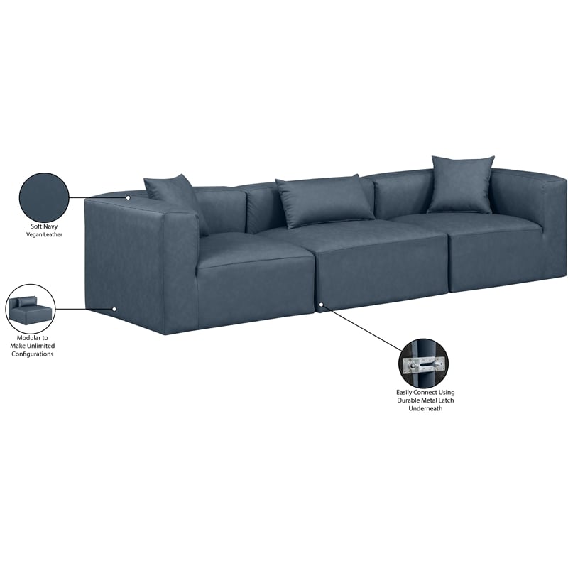 Bowery Hill Contemporary Navy Blue Vegan Leather 3-Piece Modular Sofa