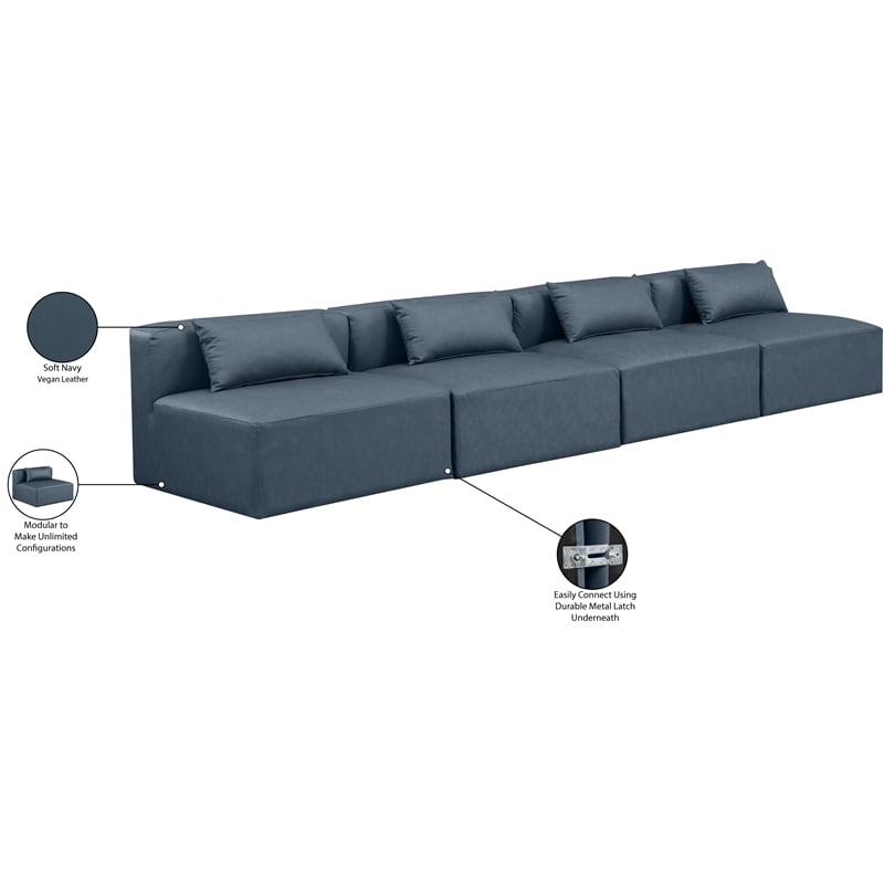 Bowery Hill Contemporary Navy Blue Vegan Leather 4-Piece Modular Sofa