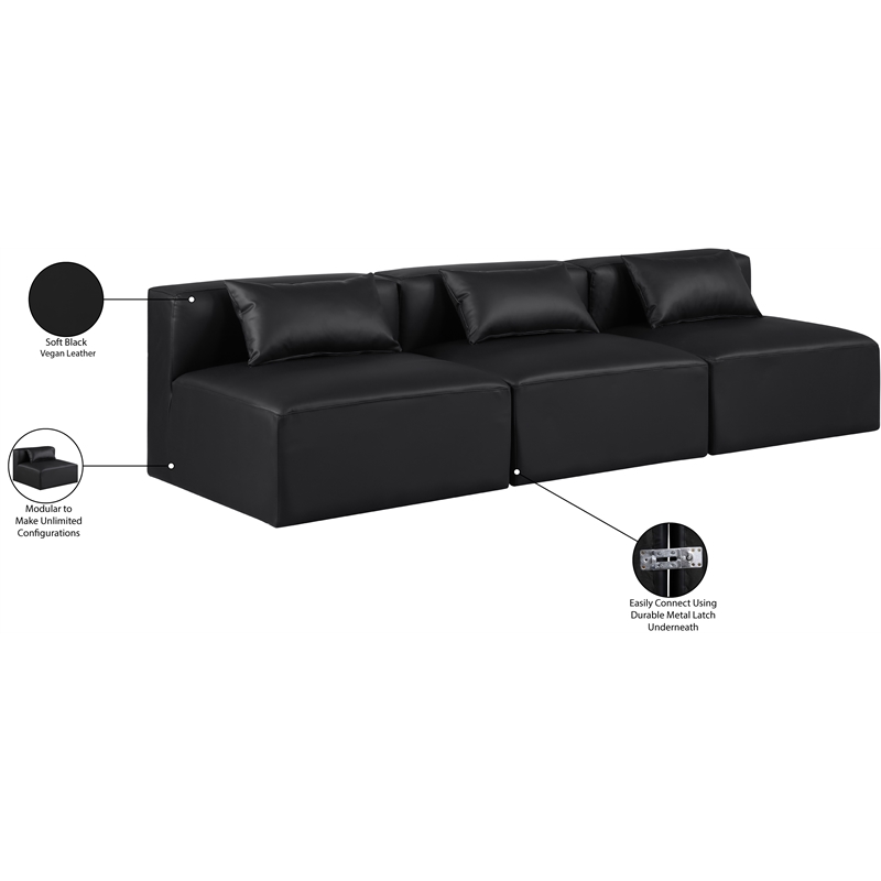 Bowery Hill Contemporary Black Vegan Leather 3-Piece Modular Sofa