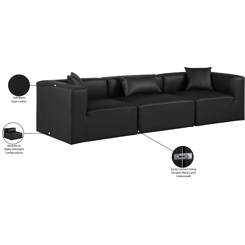 Bowery Hill Contemporary Black Vegan Leather 3-Piece Modular Sofa