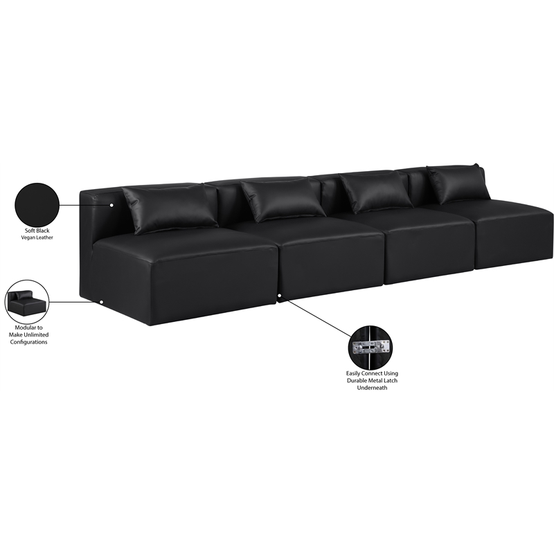 Bowery Hill Contemporary Black Vegan Leather 4-Piece Modular Sofa