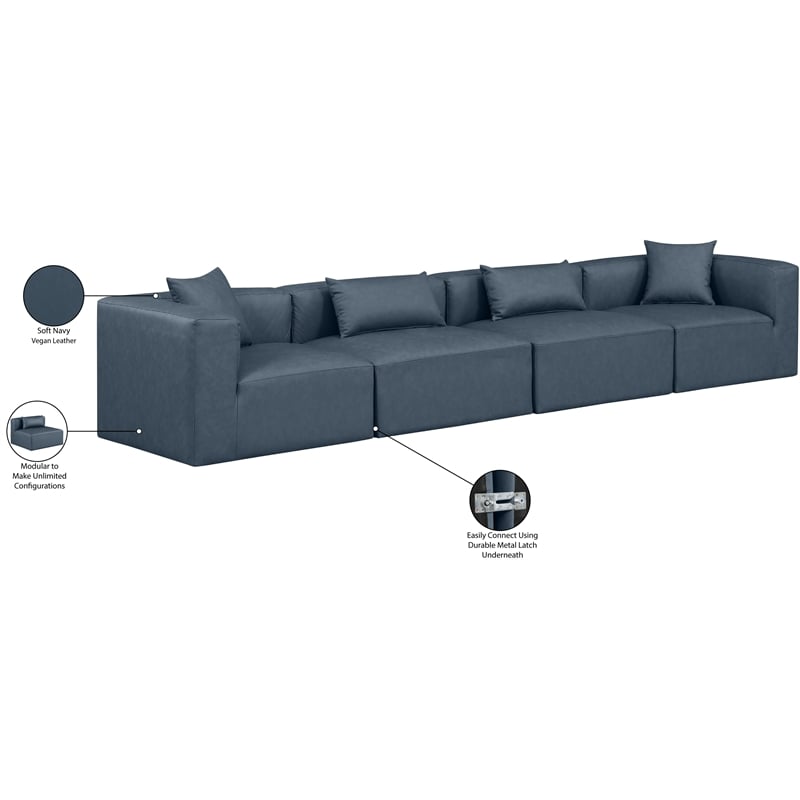 Bowery Hill Contemporary Navy Blue Vegan Leather 4-Piece Modular Sofa