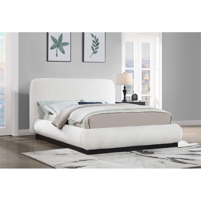 Bowery Hill Contemporary Cream Linen Textured Fabric Queen Bed