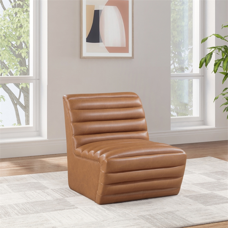 Bowery Hill Contemporary Deep Channel Tufted Soft Cognac n Leather Accent Chair