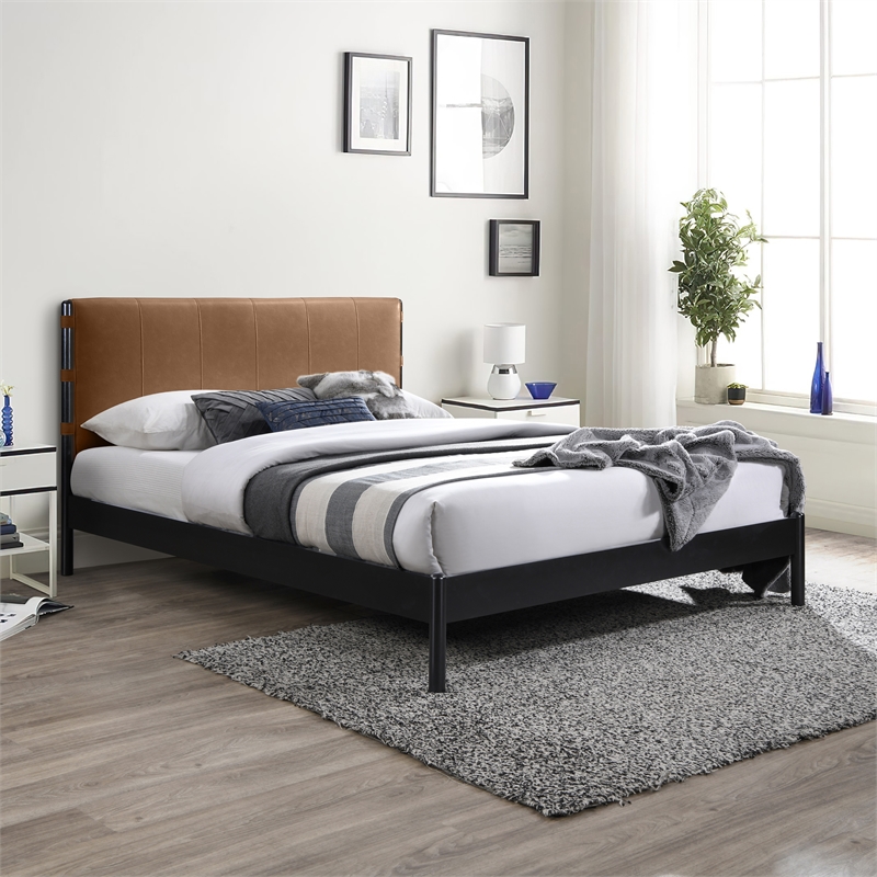 Bowery Hill Contemporary Soft Cognac Vegan Leather King Fully Slatted Bed