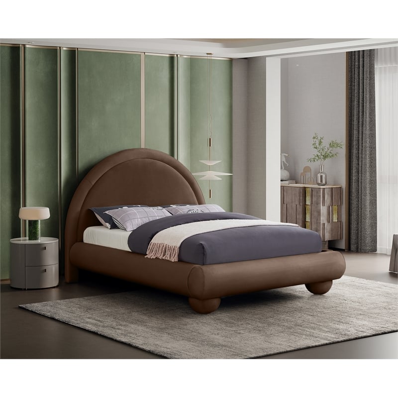 Bowery Hill Contemporary Brown Durable Velvet Queen Bed with Ball Shaped Legs