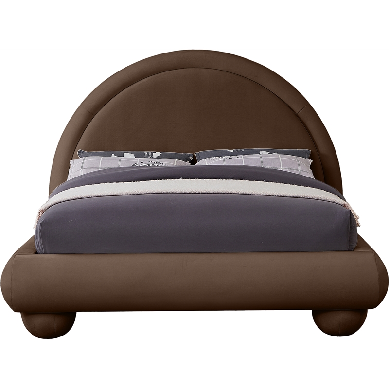 Bowery Hill Contemporary Brown Durable Velvet Queen Bed with Ball Shaped Legs