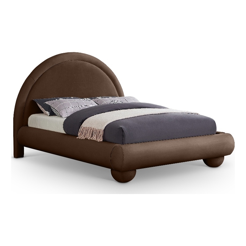 Bowery Hill Contemporary Brown Durable Velvet Queen Bed with Ball Shaped Legs