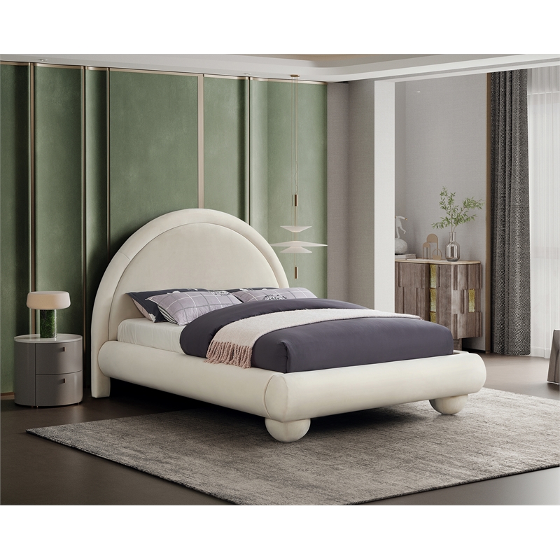 Bowery Hill Contemporary Cream Durable Velvet Full Bed with Ball Shaped Legs