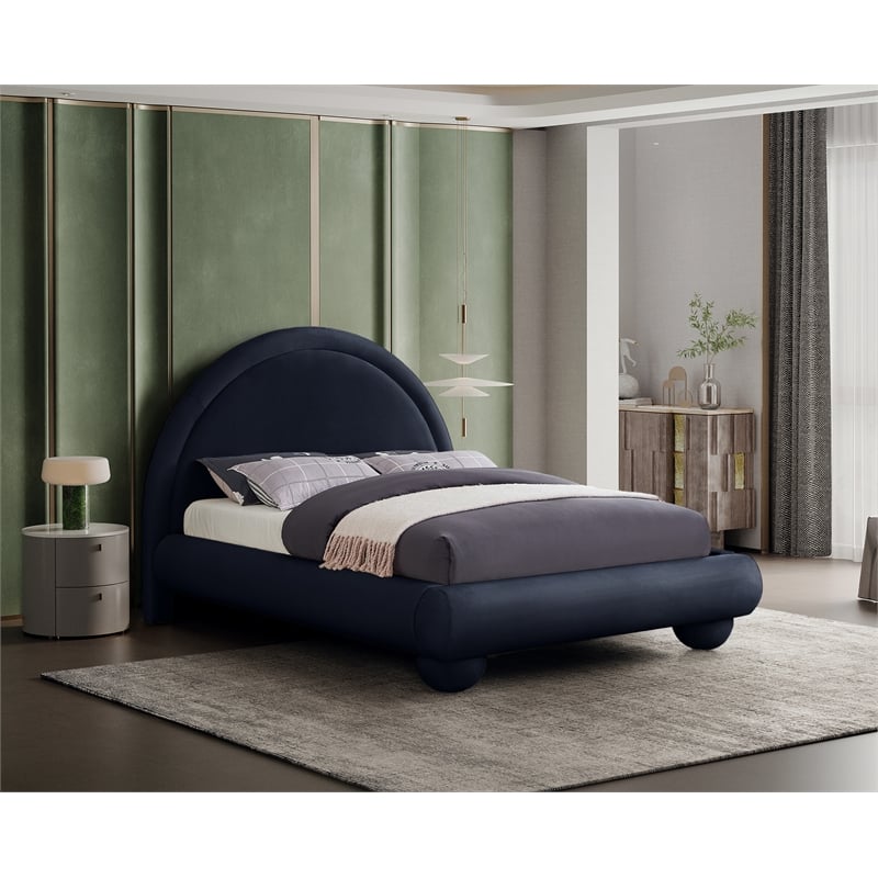 Bowery Hill Contemporary Navy Durable Velvet Full Bed with Ball Shaped Legs