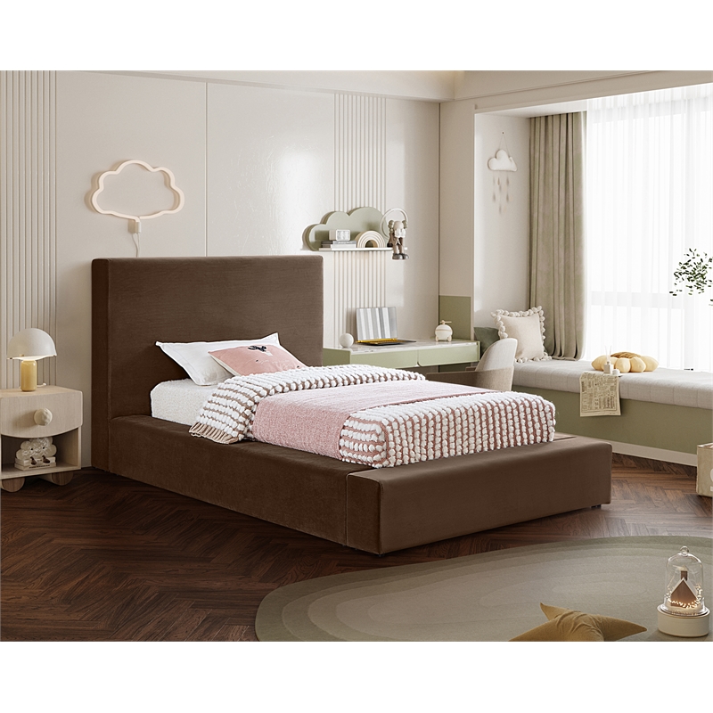 Bowery Hill Contemporary Brown Velvet Twin Fully Slatted Bed