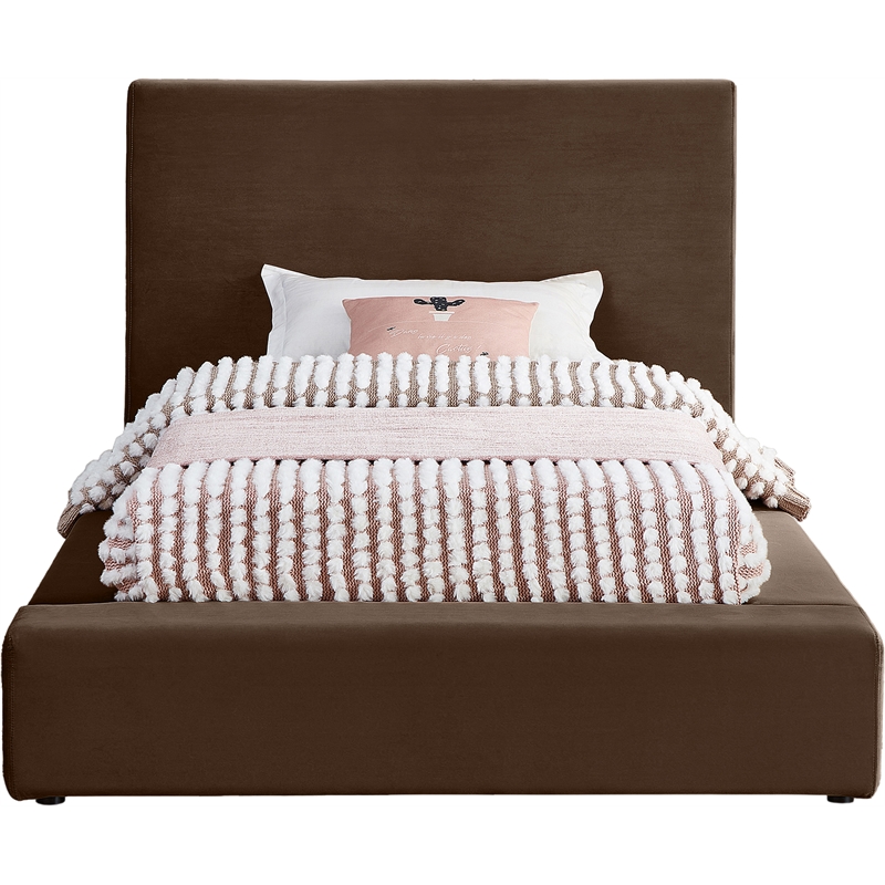 Bowery Hill Contemporary Brown Velvet Twin Fully Slatted Bed