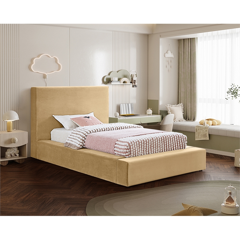 Bowery Hill Contemporary Camel Velvet Twin Fully Slatted Bed