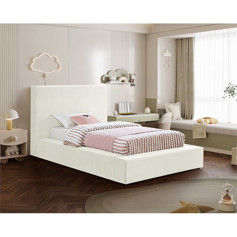 Bowery Hill Contemporary Cream Velvet Twin Fully Slatted Bed