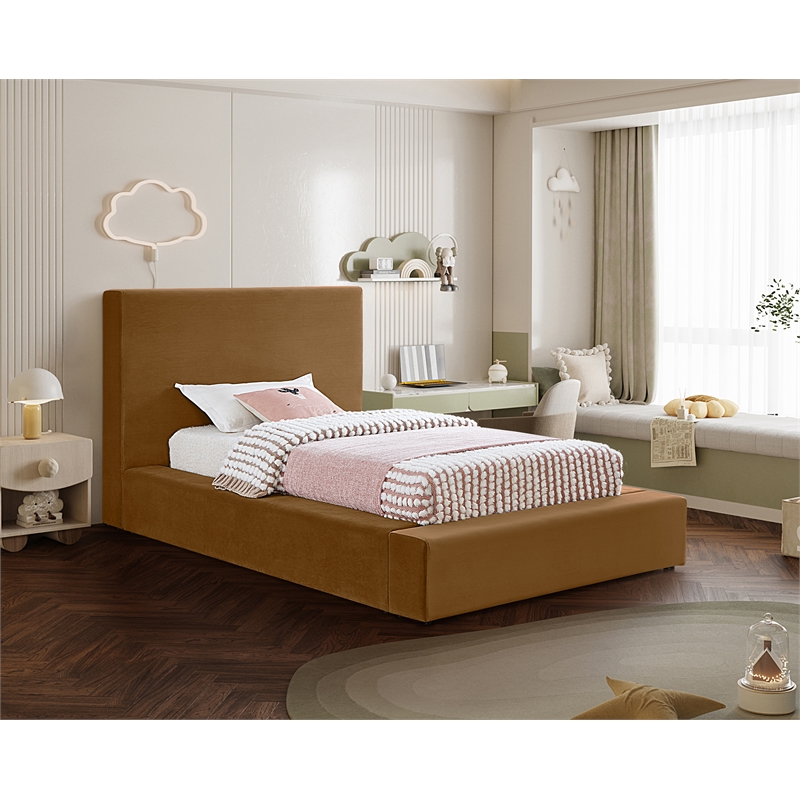 Bowery Hill Contemporary Saddle Velvet Twin Fully Slatted Bed