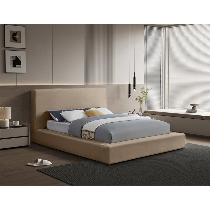 Bowery Hill Contemporary Taupe Velvet Queen Fully Slatted Bed