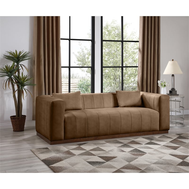 Bowery Hill Contemporary Deep Channel Tufted Soft Brown Vegan Leather Sofa