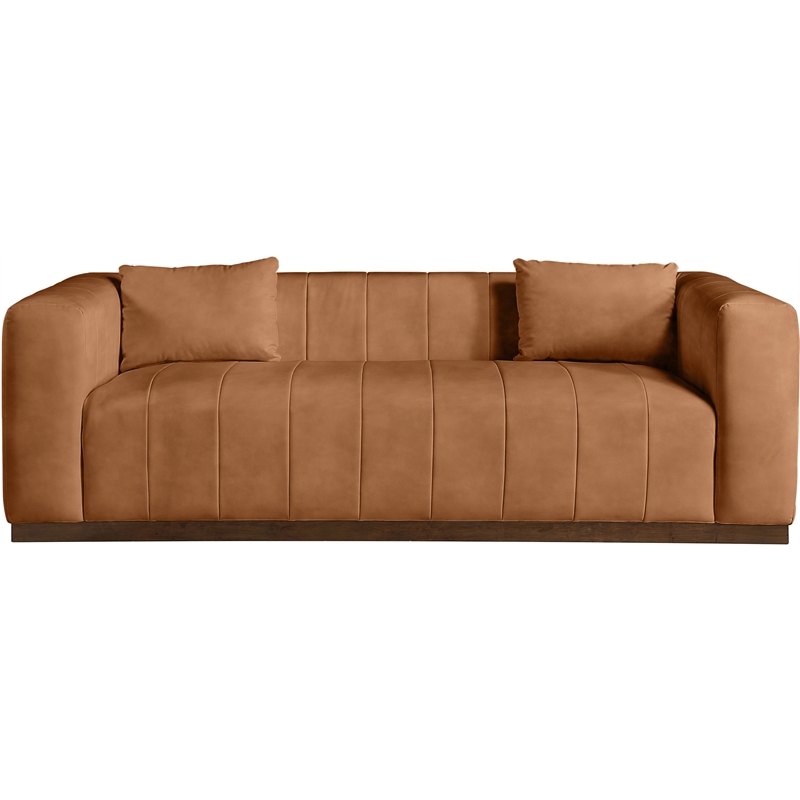Bowery Hill Contemporary Deep Channel Tufted Soft Cognac Vegan Leather Sofa