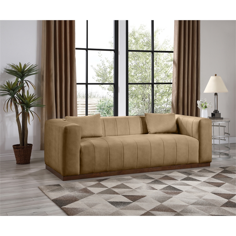 Bowery Hill Contemporary Deep Channel Tufted Soft Tan Vegan Leather Sofa