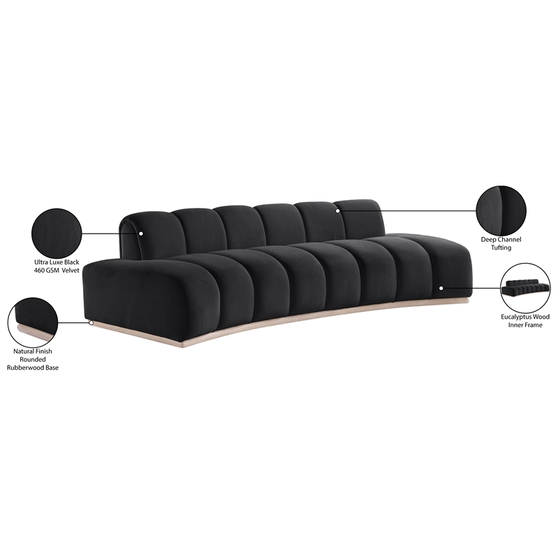 Bowery Hill Contemporary Deep Channel Tufted Black Durable Velvet Sofa