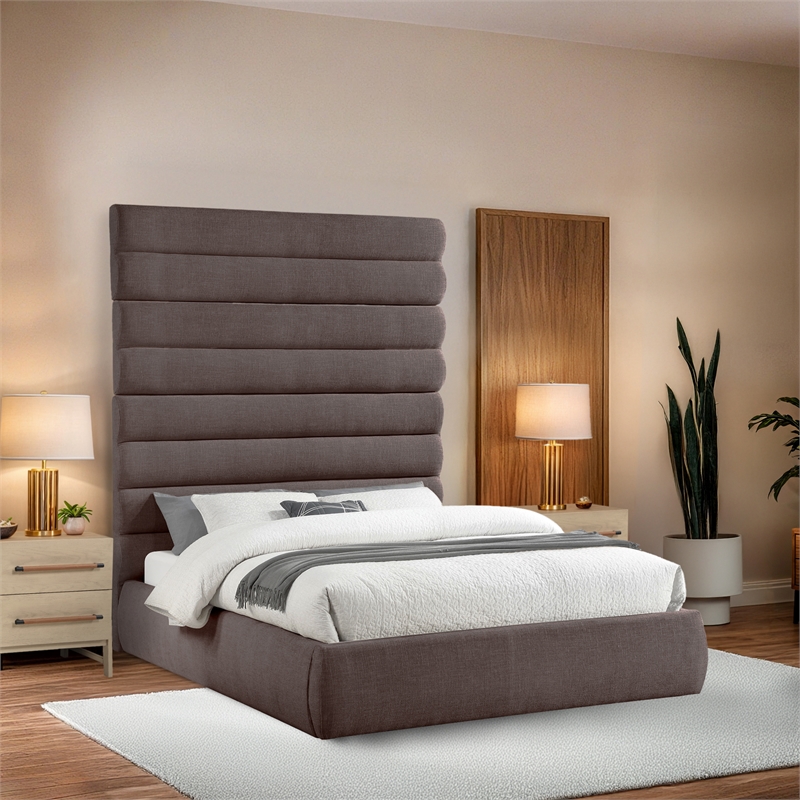 Bowery Hill Contemporary Upholstered Brown Linen Textured Fabric Queen Bed