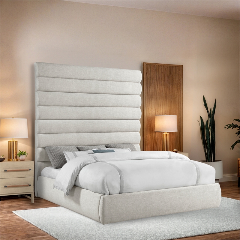 Bowery Hill Contemporary Upholstered Cream Linen Textured Fabric King Bed