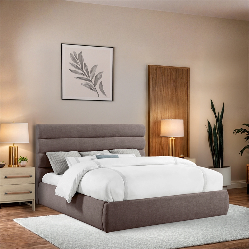 Bowery Hill Contemporary Upholstered Brown Linen Textured Fabric King Bed