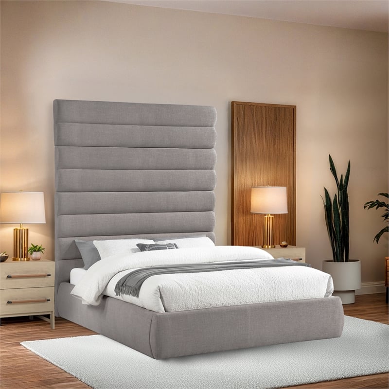Bowery Hill Contemporary Upholstered Taupe Linen Textured Fabric Queen Bed