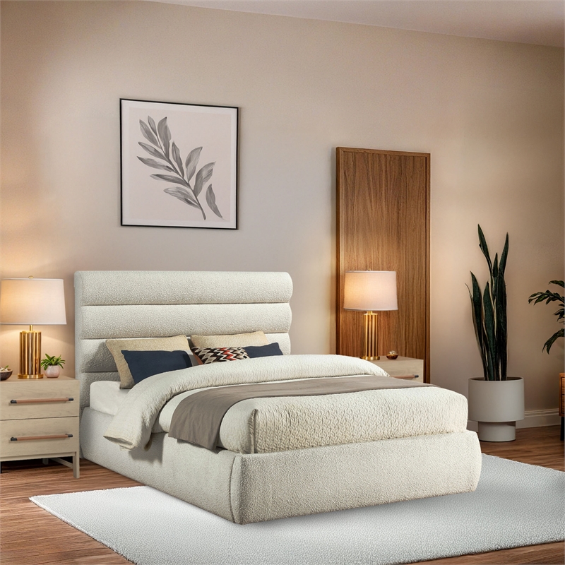 Bowery Hill Contemporary Deep Channel Tufted Rich Cream Boucle Fabric Queen Bed