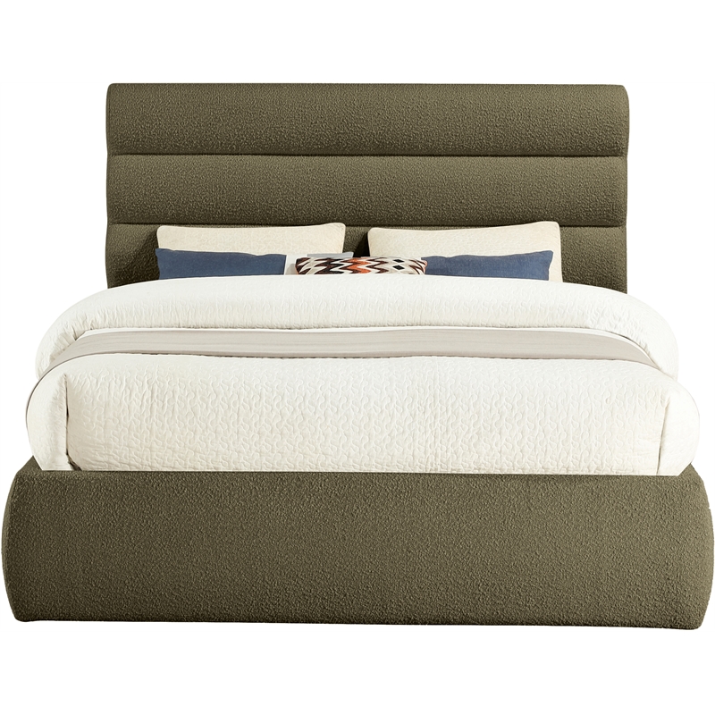 Bowery Hill Contemporary Deep Channel Tufted Rich Olive Boucle Fabric Queen Bed